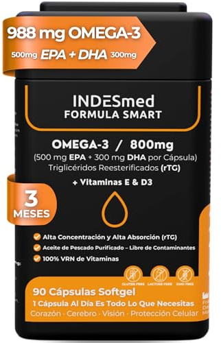 INDESmed FORMULA SMART - Omega 3 con Vitamina D3 y E | 500mg EPA y 300mg DHA - Alta Concentración | 90 Perlas de Aceite de Pescado (3 meses) Sin Sabor | Corazón, Cerebro y Visión