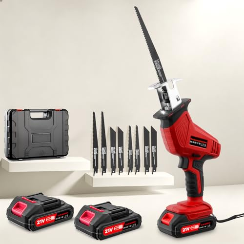 papasbox Scie sabre sans fil 0-4000 tr/min - Scie récipro avec lumière LED et 2 batteries de 2000 mAh - Chargeur rapide 21 V - Scie universelle 8 lames pour bois, métal, PVC, chantier - Rouge
