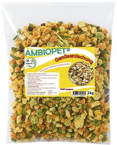 Ambiopet® getrocknete Barf Gemüseflocken für Hunde im 2kg Beutel, Gemüsemischung aus Karotten, Erbsen, Roter Bete & Luzerne, reich an Nährstoffen, ohne künstliche Zusatzstoffe