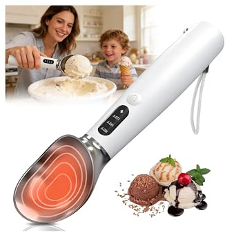 Heated Ice Cream Scoop - 3-Speed Electric Warming Scooper, Rechargeable USB-C Fast Charge with LED Display, IP67 Waterproof Head for Hard Ice Cream/Gelato, Easy to Clean - White
