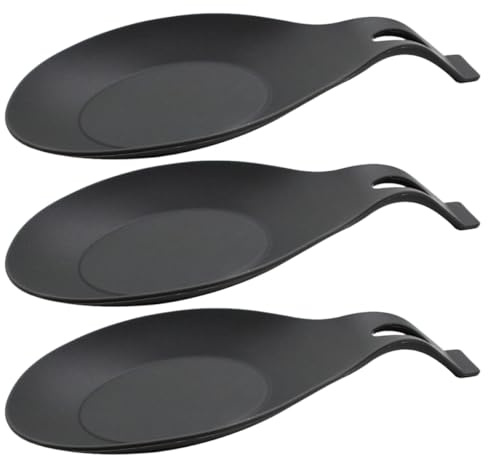 MUELODSIC Soporte para Cuchara de Cocina de Silicona Alimentaria Resistente al Calor, 3 Piezas Negras Colgantes, Práctico Descanso para Cucharas y Utensilios en Encimeras y Mesas