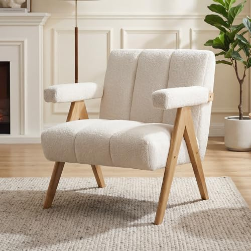 DAYALANE Fauteuil Salon Scandinave en Bois Tissu en Chenille Fauteuil d'Appoint Confortable avec Accoudoirs Chaise de Chambre pour Lecture, Beige