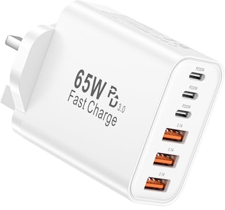 USB Fast Charger Plug UK 65W Total, 6-Port, 3 Type-C + 3 USB-A, 25W PD Port | Six ports with 3 USB-C + 3 USB-A outputs; supports USB PD charging for iPhone 17/16/15 series, iPad, Galaxy and accessories.