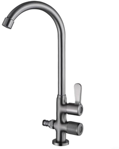 HEIBTENY Rubinetto da Esterno Esteso a Doppio Controllo con Beccuccio Acqua Girevole per Lavello da Giardino con Rotazione a 360° G1/2 Collegamento Rapido Antigelo in Lega Grigia 34x17cm