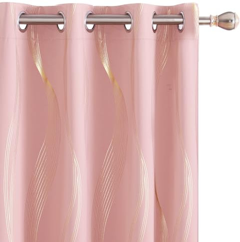Deconovo Blackout Eyelet Curtains Thermal Insulated Gold Wave Line Foil Printed Curtains for Bedroom 46x54 Inch Coral Pink
