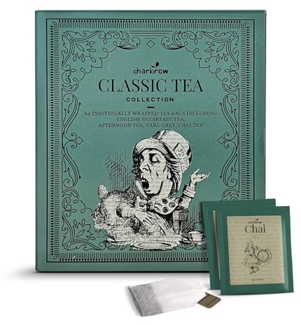 Charbrew Tea Book Gift – 64 Individually Wrapped Teabags | 4 Classic Blends: English Breakfast, Earl Grey, Afternoon & Chai | Unique Tea Gift Set for Book Lovers (Mad Hatter)