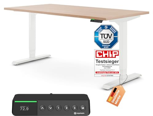 Ergotopia Desktopia Pro X Elektrisch höhenverstellbarer Schreibtisch, Ergonomischer Stehtisch für Büro oder Home Office (Buche, Gestell Weiß, 180 x 80 cm)