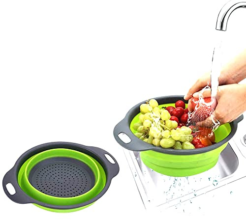 Grey & Green Silicone Collapsible Colander Over The Sink Vegetables/Fruit Colander Drain Strainer with Handles Collapsible Basket Wash Fruits, Vegetables, Spaghetti Rice