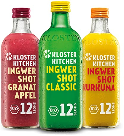 Kloster Kitchen Bio Ingwer Shot 3er Mix 12SHOTS 3x 360 ml mit Ingwerstückchen I vegan I 12 Shots je Glasflasche I süß-scharf ohne Zusatzstoffe & natürliche Süße (inkl. 0,75€ EINWEG Pfand)