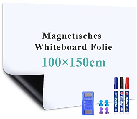 Warasee Whiteboard Magnetisch Folie, 100*150cm Magnettafel Selbstklebend, Magnetfolie Weiß Abwischbare, a3/a4 Leicht Zugeschnitten, für Startseite Schule, mit Markers & Whiteboard Schwamm & Magnetes