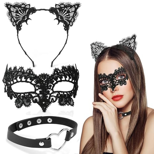 Takmor Spitzen-Maskenmaske für Frauen, schwarze Maskerade-Maske für Frauen, Katzenohren-Stirnband mit Herz-Choker
