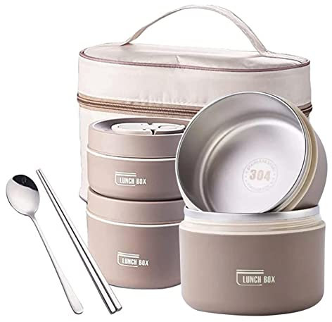 Maodom Multicapa, térmica apilable | para Adultos con Bolsa aislada, Cuchara, Tenedor, Alimentos apilable Acero Inoxidable Interior