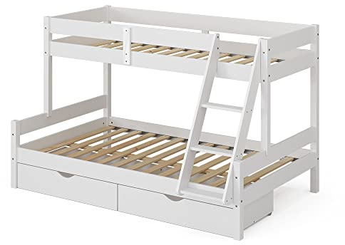 VitaliSpa Etagenbett Everest, Weiß, 120x200 / 80x200 cm mit Schubladen, mit integrierter Treppe und stabilem Lattenrostsystem