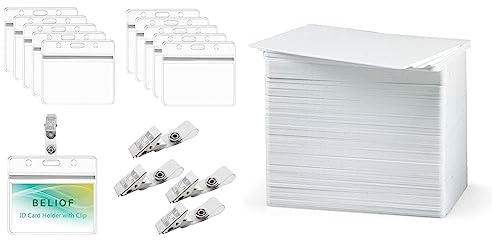 BELIOF 50 Stück Ausweishülle mit Clip Namensschilder Transparent Kunststoff Kartenhalter Ausweis & PVC-Karten – blanko, weiß, CR80, 760 Mikron