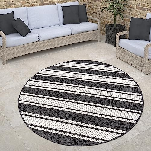 Paco Home Outdoor Teppich rund wetterfest & pflegeleicht Flachgewebe in Sisal-Optik mit Bordüre UV-beständig Modern für Balkon, Terrasse, Garten, Wohnzimmer, Grösse:120 cm Rund, Farbe:Anthrazit-Weiß