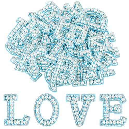 Morcheiong 26 x Perlen-Strass-Buchstaben-Aufnäher, selbstklebend, A-Z, zum Aufkleben, für Kleidung, Stoff, Rucksack (blau)