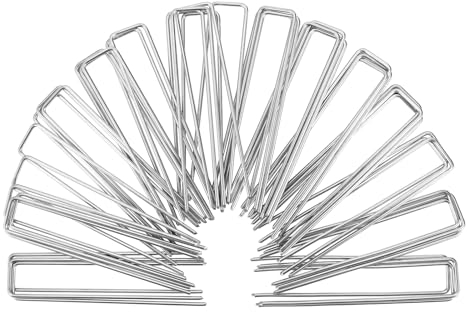 BEEWAY Weed Control Membrane Pegs, 50 Pack 6/150mm Garden Pegs for Weed Membrane, U-Shaped Ground Stakes for Securing Lawn, Artificial Grass, Netting, Tent - Galvanized Landscape Staples