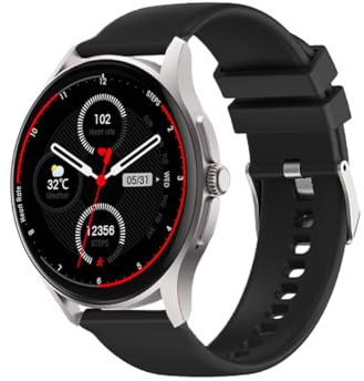 Knauermann Neo (2024) Silber Rund - Gesundheitsuhr Smartwatch - EKG + HRV Funktion - BT Bluetooth - Schlafapnoe - Blutdruck - Silikonband Schwarz, 14-24
