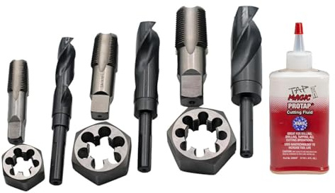 Drill America Plumber's Tool Kit, Drill, Tap and Die Kit, 10-Piece Tool Set with 3 NPT Tap and Drill Bits, 3 NPT Hex Dies (1/2”, 3/4, 1”), 4oz Tap Magic Cutting Fluid with Storage Bag, KMZPLUM12