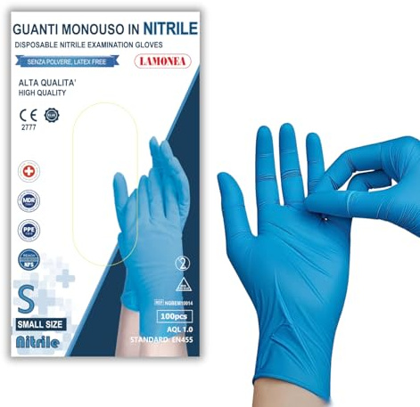 LAMONEA - 100 Guanti Azzurri Monouso in nitrile AQL 1.0 - Certificato CE - Senza Polvere di Alta Qualità confezione da 100 pezzi (taglia S) - NGBEM10014