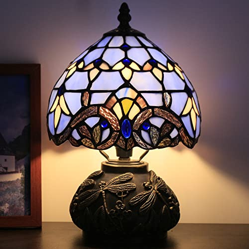 SYETL Small Tiffany Lamp Mini Stained Glass Table Lamp Blue Baroque Style Mushroom Desk Light Memory Sympathy Lamp 8X11 Inch