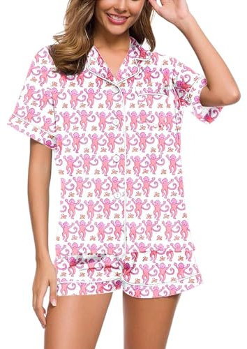 ERGRFHNL Summer Pajamas for Girls, Roller Dupes Rabbit Preppy, 2 Piece Button Down Monkey Bunny Shorts Set (Pink,S)