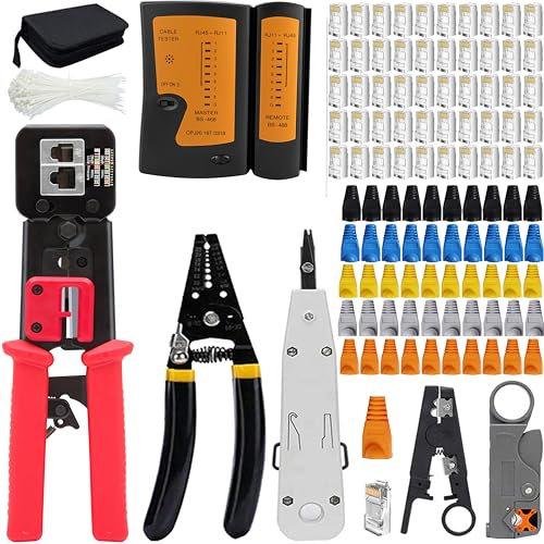 MAYLINE CAT5 Crimpadora de red Cat5e CAT6 LAN Cable Tester RJ45 Crimpadora Kit de herramientas de crimpado, kit de reparación de pelado de cables Ethernet y herramienta de rep (Rojo)