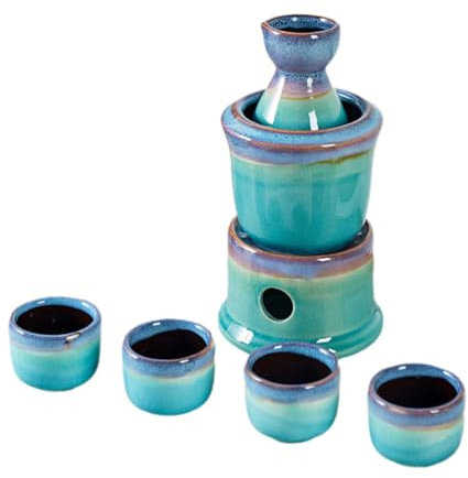 QPKZ Japanisches Sake -Set Mit Wärmerem, 7 PC Traditioneller Glasur Keramik Heißes Saki -Getränket -Kit, Japanisches Traditionelles Sake -Set Und Tassen, Hausweinwärmer Blue