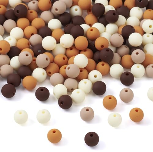 Bestewelry Lot de 191 perles rondes en acrylique de 8 mm, 4 couleurs, style caoutchouteux, perles imitation silicone rondes, perles d’espacement en plastique brun, orange, blanc pour la fabrication de