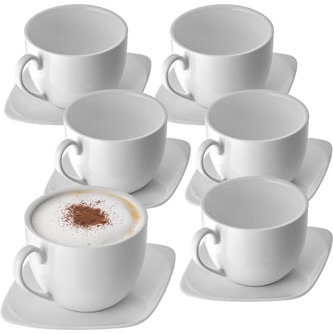 KADAX Tassen mit Untertassen aus Porzellan, Elegantes 6er Set 250 ml, Stapelbare Porzellantassen mit Untertellern für Tee & Kaffee & Cappuccino (Rund Weiß)