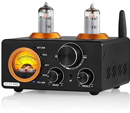Amplificatore di Potenza da 200 W, Amplificatore valvolare Bluetooth 5.0 Ricevitore Stereo DAC USB Amplificatore Digitale Audio Domestico coassiale/OPT con misuratore VU 100 W + 100 W