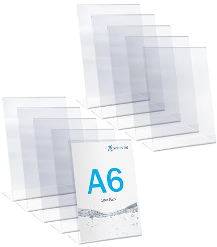SPRINTIS Tischaufsteller A6 hoch (10 Stück) - für Inhalt 10,5 x 14,8 cm, L-Aufsteller aus glasklarem Kunststoff für Hochzeit & Restaurant, Werbeaufsteller Din A6 schräg, Menükartenhalter Hochformat