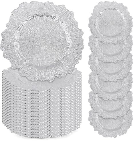50 Pcs Silver Charger Plates Bulk, 13 Reef Plate Chargers for Dinner Plates, Plastic Floral Decorative Plates for Table Setting, Round Table Chargers for Wedding, Christmas, Party, Event, Decoration