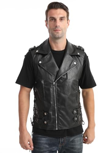 DSDZ Fashion Mens Faux Leather PU Motor Biker Vest Zippers Slim Fit Sleeveless Waistcoat X-large