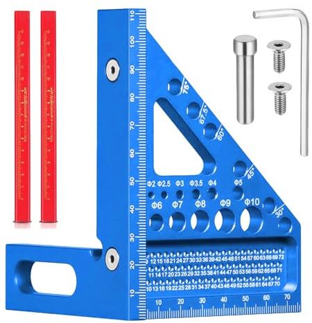 TPTGIAR 3D Gehrungswinkel Multifunktional, 22.5-90 Winkel Aluminiumlegierung Winkelmesser, Hochpräzises Speedmarker, Zimmermannswinkel Mit 2 Holzbearbeitungsstiften für Tischler Ingenieur (Blau)