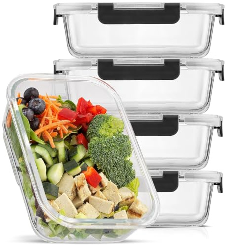 Hi Nature™ Set di Contenitori in Vetro Ermetici 5 Pezzi | Contenitori per Alimenti in Vetro 1L con Coperchio | Adatti a Microonde, Freezer e Lavastoviglie | BPA Free | Meal Prep Contenitori