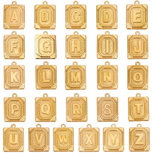 SUNNYCLUE 1 Box 26 Stück Echter 18 Karat Vergoldeter Edelstahl Alphabet Anhänger Rechteckige Buchstabenanhänger Metall Vintage Buchstaben von A Bis Z Baumelnder Anhänger Zur Schmuckherstellung Charms