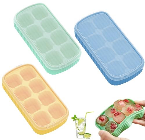 KEQAR Cubiteras de silicona con tapa (3 piezas), apilables y aptas para lavavajillas, para hielo grande, libre de BPA, bandeja para bebidas frías, cerveza, whisky, cócteles (Tres colores)
