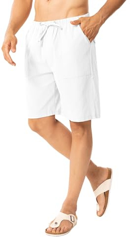 ANTLOOWW Pantalones Cortos de Hombre Verano Pantalones Cortos de Lino con 4 Bolsillos Transpirables Ligeros y Casuales (FR/ES, Letras, M, Regular, Regular, Blanco)