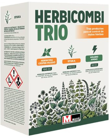 Herbicombi trio - Masso. Herbicida cesped 100cc + Stuka 100cc + Welgroamino 30cc. Tres productos para el control de malas hierbas. Facil de usar.