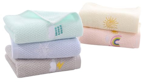 DEARMAMY Children’s Cotton Hand Towels 5pcs Set, Absorbent Face Washcloths Embroidered Cartoon Designs, Soft Small Towels for Baby and Toddler Facial Cleaning in Yellow, Pink, Green, Blue,