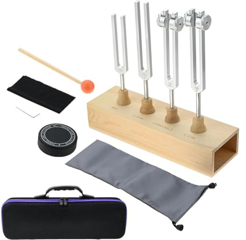Luobannm Juego de 4 Diapasones de 128 Hz, 136,1 Hz, 256 Hz y 384 Hz con Bolso, Activador y Caja de Resonancia de Madera para Meditación, Sanación y Yoga.