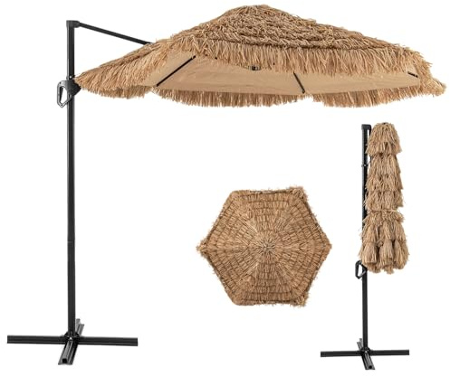 COSTWAY Ombrellone da Spiaggia 270 cm, Ombrellone Hawaiano di Paglia in PE con Base, 6 Stecche, Manovella, per Piscina Terrazza Giaridno