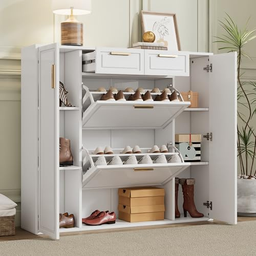 SogesHome Moderner Schuhschrank in Weiß mit verstellbaren Regalböden, 2 Türen, 2 Schubladen & Klappen – Schuhkommode mit goldenen Griffen, B120 x T24 x H107 cm
