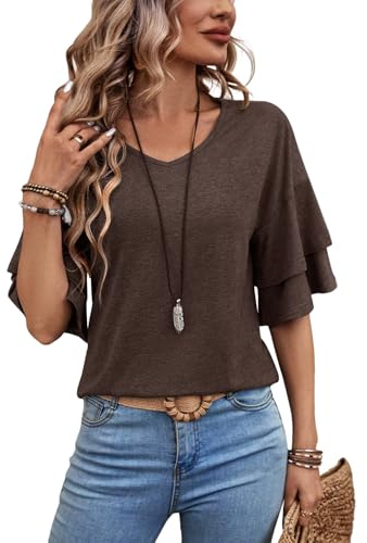 FUNBANG 3/4 Length Sleeve Womens Tops Ruffle Short Sleeve T Shirts Loose Fit Dressy V Neck Blouses Half Bell Spring Summer Fall Shirts 2026 Business Clothing Fall Fashion,Coffee Brown,XL