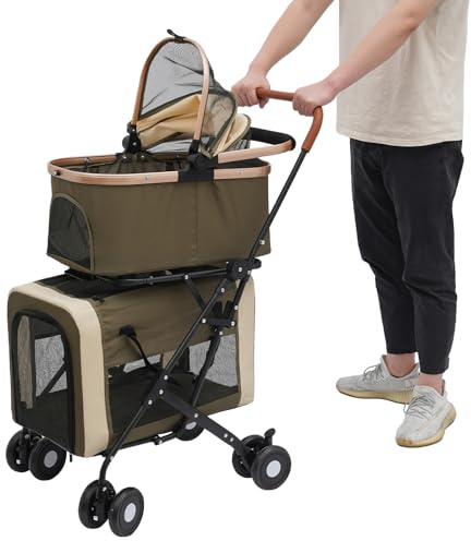 2 Etagen Leichter Faltbarer Haustierwagen 35 kg Hunde Katzenkinderwagen 46×58×97 cm mit 2 abnehmbaren Transportboxen Kissen & 360°-Drehrädern, Hundewagen für kleine mittelgroße Tiere, Dunkelgrün