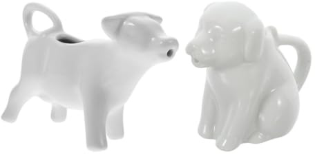 NUOBESTY 2pcs Small Ceramic Milk Jug Animal-Shaped Creamer Pitchers Each White Dog Cow Design Hand-Painted Porcelain for Sauce Syrup Coffee Creamer