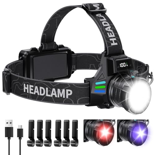 ET Head Torch Rechargeable, Super Bright 100000L with White/Red/UV Light | LED Headtorch with 16 Modes, Waterproof, 60°Adjustable, Motion Sensor, Zoomable Head Lamp for Camping Hiking Fishing