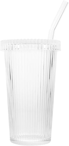 BESTYASH Verre à Boisson Verre Transparent avec Motif Rayures Verticales Gobelet Réutilisable avec Couvercle et Paille pour Eau Café Thé Jus Smoothies Usage Quotidien Réutilisable