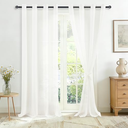 JIUZHEN Voile Vorhänge mit Ösen Gardine Weiss Halbtransparent Wohnzimmer | 2er Set H 245 x B 140 cm Ösenvorhang Halbtransparent Gardine Wohnzimmer Weiche Durchlässig für Schlafzimmer Kinderzimmer Büro
